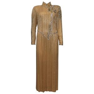 Bob Mackie High Collar Long Sleeve Orange Peach Sequin Beaded Gown Circa 1990s